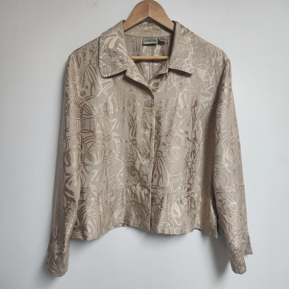 Chicos Jacket Womens 2 Large 12 Silk Blend Blazer Champagne Gold Geometric